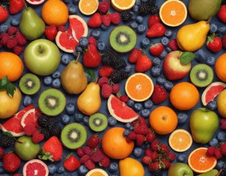 A colorful and vibrant assortment of fresh fruits and berries fills the frame. The mix includes sliced oranges and kiwis amidst whole strawberries and blueberries. A visual feast that highlights nature s variety in colors and shapes.