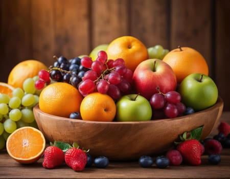 A sparkling basket filled with a variety of fresh fruits including apples, oranges and grapes. The vibrant colors are highlighted by natural sunlight filtering through the lush green backdrop. healthy lifestyle theme