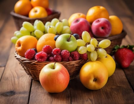 A sparkling basket filled with a variety of fresh fruits including apples, oranges and grapes. The vibrant colors are highlighted by natural sunlight filtering through the lush green backdrop. healthy lifestyle theme