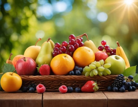 A sparkling basket filled with a variety of fresh fruits including apples, oranges and grapes. The vibrant colors are highlighted by natural sunlight filtering through the lush green backdrop. healthy lifestyle theme