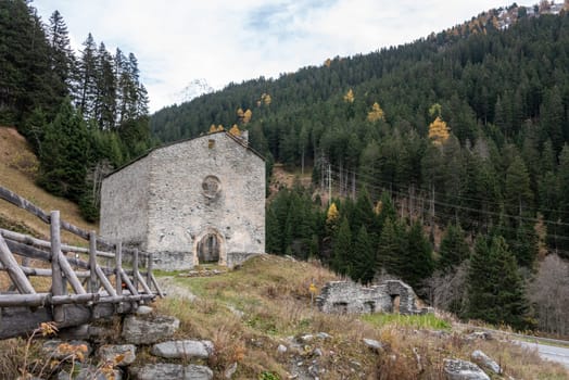 Abandoned gothic church San Gaudenzio at the Maloja pass, Switzerland