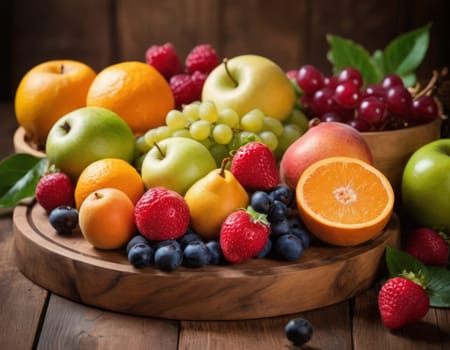 A sparkling basket filled with a variety of fresh fruits including apples, oranges and grapes. The vibrant colors are highlighted by natural sunlight filtering through the lush green backdrop. healthy lifestyle theme