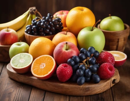 A sparkling basket filled with a variety of fresh fruits including apples, oranges and grapes. The vibrant colors are highlighted by natural sunlight filtering through the lush green backdrop. healthy lifestyle theme