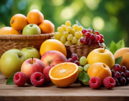 A sparkling basket filled with a variety of fresh fruits including apples, oranges and grapes. The vibrant colors are highlighted by natural sunlight filtering through the lush green backdrop. healthy lifestyle theme