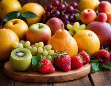 A sparkling basket filled with a variety of fresh fruits including apples, oranges and grapes. The vibrant colors are highlighted by natural sunlight filtering through the lush green backdrop. healthy lifestyle theme