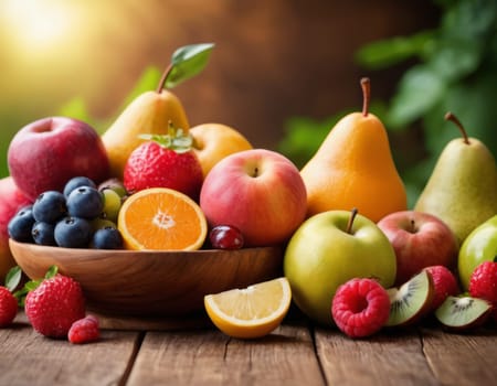 A sparkling basket filled with a variety of fresh fruits including apples, oranges and grapes. The vibrant colors are highlighted by natural sunlight filtering through the lush green backdrop. healthy lifestyle theme