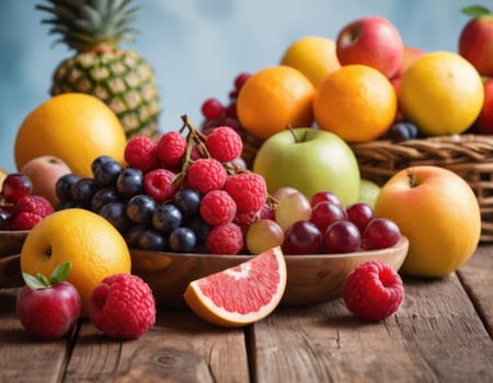 A sparkling basket filled with a variety of fresh fruits including apples, oranges and grapes. The vibrant colors are highlighted by natural sunlight filtering through the lush green backdrop. healthy lifestyle theme