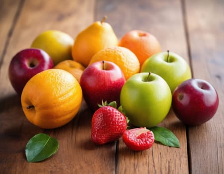 A sparkling basket filled with a variety of fresh fruits including apples, oranges and grapes. The vibrant colors are highlighted by natural sunlight filtering through the lush green backdrop. healthy lifestyle theme