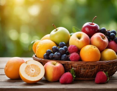 A sparkling basket filled with a variety of fresh fruits including apples, oranges and grapes. The vibrant colors are highlighted by natural sunlight filtering through the lush green backdrop. healthy lifestyle theme