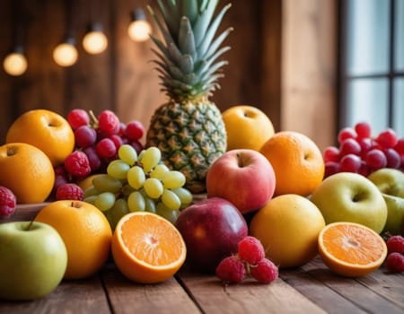 A sparkling basket filled with a variety of fresh fruits including apples, oranges and grapes. The vibrant colors are highlighted by natural sunlight filtering through the lush green backdrop. healthy lifestyle theme