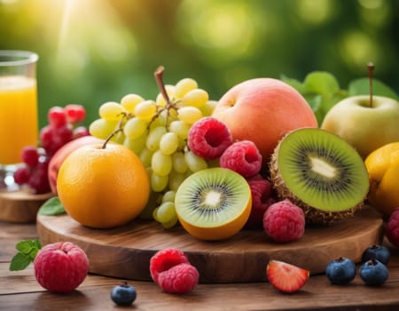 A sparkling basket filled with a variety of fresh fruits including apples, oranges and grapes. The vibrant colors are highlighted by natural sunlight filtering through the lush green backdrop. healthy lifestyle theme