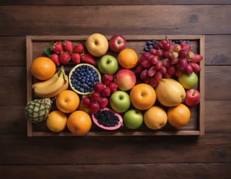 A sparkling basket filled with a variety of fresh fruits including apples, oranges and grapes. The vibrant colors are highlighted by natural sunlight filtering through the lush green backdrop. healthy lifestyle theme