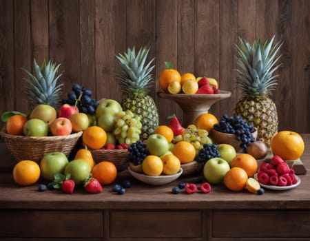 A sparkling basket filled with a variety of fresh fruits including apples, oranges and grapes. The vibrant colors are highlighted by natural sunlight filtering through the lush green backdrop. healthy lifestyle theme