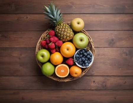 A sparkling basket filled with a variety of fresh fruits including apples, oranges and grapes. The vibrant colors are highlighted by natural sunlight filtering through the lush green backdrop. healthy lifestyle theme