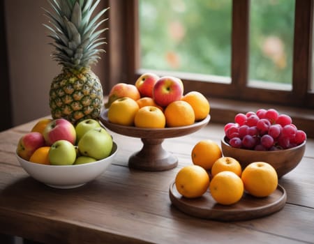 A sparkling basket filled with a variety of fresh fruits including apples, oranges and grapes. The vibrant colors are highlighted by natural sunlight filtering through the lush green backdrop. healthy lifestyle theme