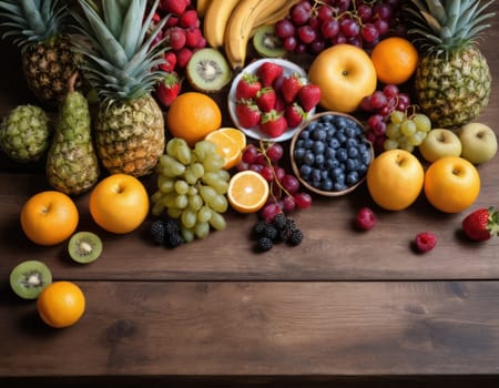 A sparkling basket filled with a variety of fresh fruits including apples, oranges and grapes. The vibrant colors are highlighted by natural sunlight filtering through the lush green backdrop. healthy lifestyle theme