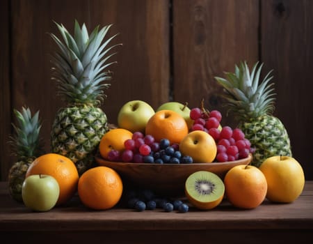 A sparkling basket filled with a variety of fresh fruits including apples, oranges and grapes. The vibrant colors are highlighted by natural sunlight filtering through the lush green backdrop. healthy lifestyle theme
