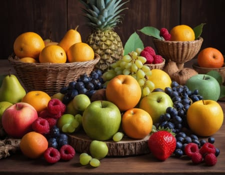 A sparkling basket filled with a variety of fresh fruits including apples, oranges and grapes. The vibrant colors are highlighted by natural sunlight filtering through the lush green backdrop. healthy lifestyle theme
