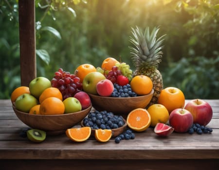 A sparkling basket filled with a variety of fresh fruits including apples, oranges and grapes. The vibrant colors are highlighted by natural sunlight filtering through the lush green backdrop. healthy lifestyle theme