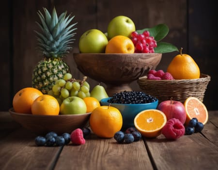 A sparkling basket filled with a variety of fresh fruits including apples, oranges and grapes. The vibrant colors are highlighted by natural sunlight filtering through the lush green backdrop. healthy lifestyle theme