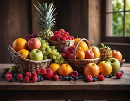A sparkling basket filled with a variety of fresh fruits including apples, oranges and grapes. The vibrant colors are highlighted by natural sunlight filtering through the lush green backdrop. healthy lifestyle theme