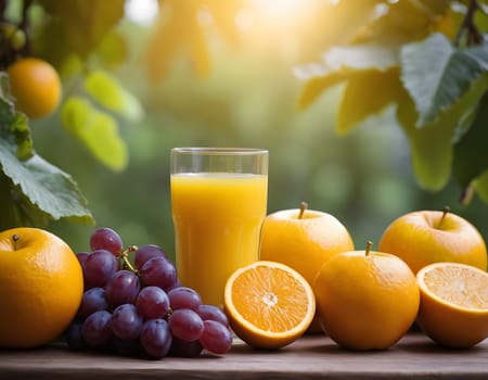 A refreshing image capturing a serene morning moment, where a glass of fresh orange juice is surrounded by ripe oranges and a bunch of grapes. The fruits are placed on a wooden surface, bathed in the soft glow of the morning sun filtering through green leaves in the background.