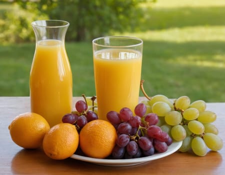 A refreshing image capturing a serene morning moment, where a glass of fresh orange juice is surrounded by ripe oranges and a bunch of grapes. The fruits are placed on a wooden surface, bathed in the soft glow of the morning sun filtering through green leaves in the background.