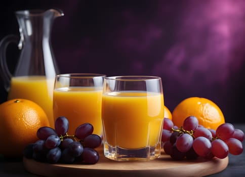 A still life of fruits and juice on a purple backdrop. The orange juice, oranges, and grapes create a contrast of colors and shapes. The image evokes a sense of elegance and freshness.