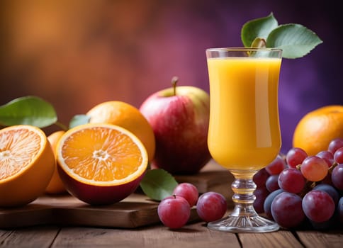 A still life of fruits and juice on a purple backdrop. The orange juice, oranges, and grapes create a contrast of colors and shapes. The image evokes a sense of elegance and freshness.