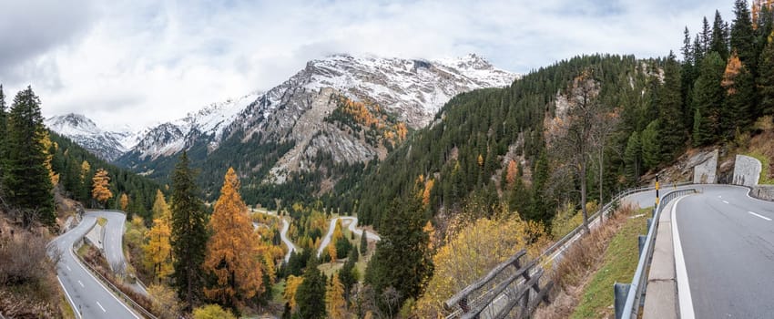 Scenic winding road at Maloja pass in Switzerland in autumn