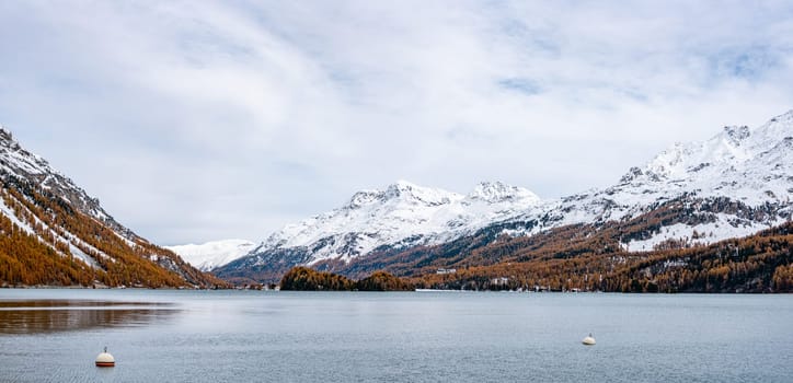 Lake Silsersee in autumn with snowcapped mountains, near St. Moritz, Switzerland