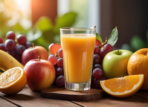 A glass of orange juice surrounded by fruit. Morning mood