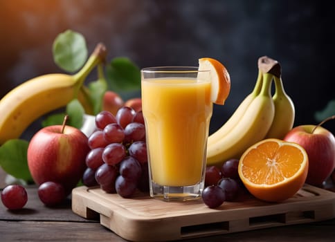 A glass of orange juice surrounded by fruit. Morning mood
