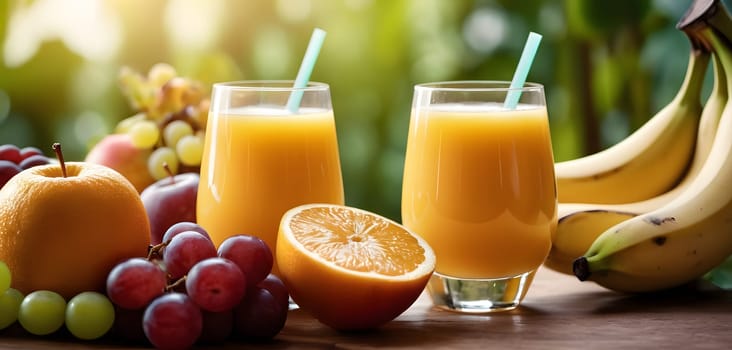 A refreshing image capturing a serene morning moment, where a glass of fresh orange juice is surrounded by ripe oranges and a bunch of grapes. The fruits are placed on a wooden surface, bathed in the soft glow of the morning sun filtering through green leaves in the background.