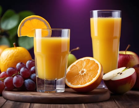 A still life of fruits and juice on a purple backdrop. The orange juice, oranges, and grapes create a contrast of colors and shapes. The image evokes a sense of elegance and freshness.