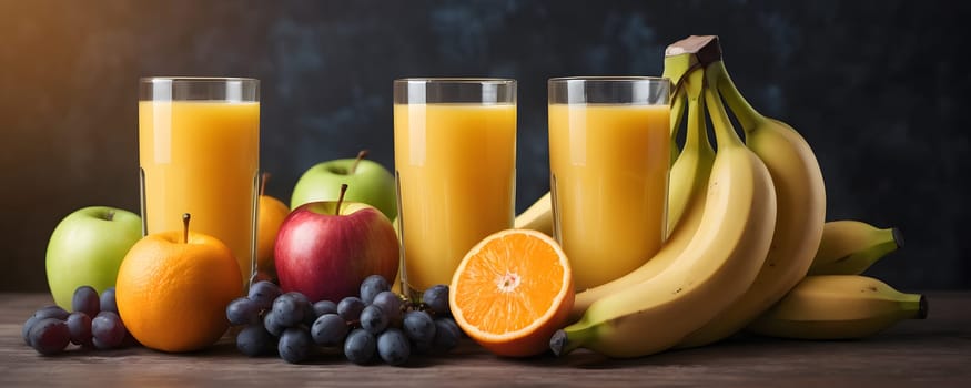 A glass of orange juice surrounded by fruit. Morning mood