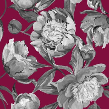 Seamless monochrome spring pattern drawn in gouache with pink peonies for trxtile