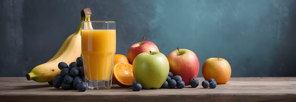 A glass of orange juice surrounded by fruit. Morning mood