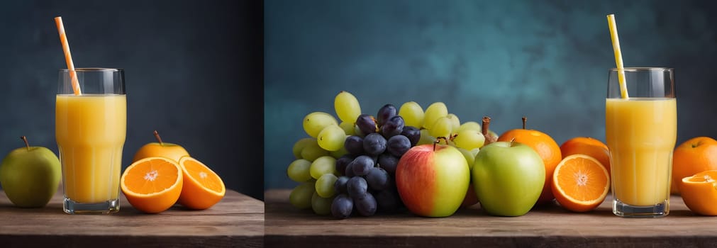 A glass of orange juice surrounded by fruit. Morning mood