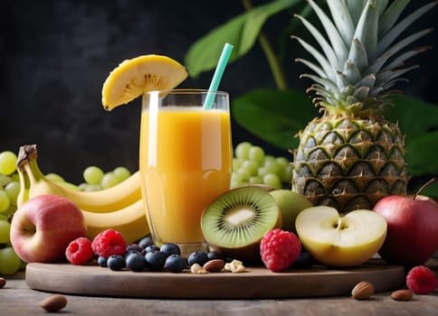 A glass of orange juice surrounded by fruit. Morning mood