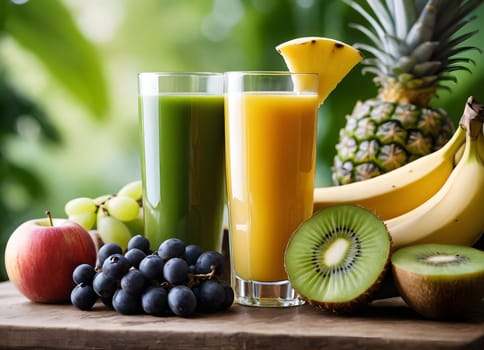 A glass of orange juice surrounded by fruit. Morning mood