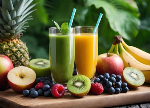 A glass of orange juice surrounded by fruit. Morning mood