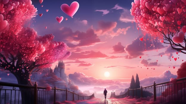 Couple strolls under a magical heart-laden tree against a backdrop of a sunset and floating hearts.