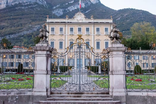 TREMEZZO, ITALY - OCTOBER 3, 2023 - Villa Sola Cabiati at lake Como in the evening, Italy