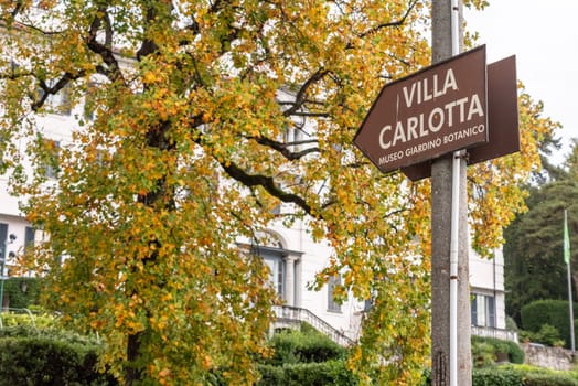 TREMEZZO, ITALY - OCTOBER 02,2023 - Street sign of villa Carlotta at lake Como, Italy