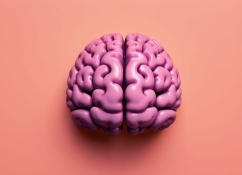 realistic human brain model placed against a gradient background transitioning from purple to peach. The brain is intricately detailed, showcasing the complex structure and folds typical of a human brain