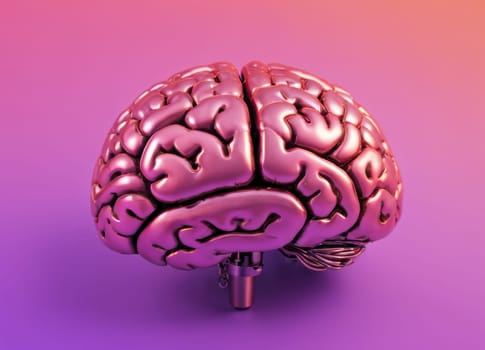 realistic human brain model placed against a gradient background transitioning from purple to peach. The brain is intricately detailed, showcasing the complex structure and folds typical of a human brain
