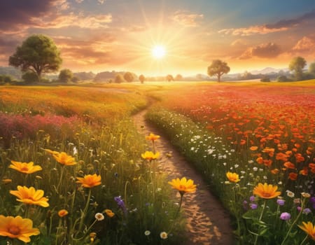 A breathtaking sunrise illuminating a vibrant meadow teeming with colorful blossoms. The serene landscape exudes warmth and tranquility as light rays dance over the flowers. A picturesque scene capturing nature s awakening