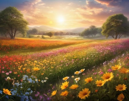 A breathtaking sunrise illuminating a vibrant meadow teeming with colorful blossoms. The serene landscape exudes warmth and tranquility as light rays dance over the flowers. A picturesque scene capturing nature s awakening