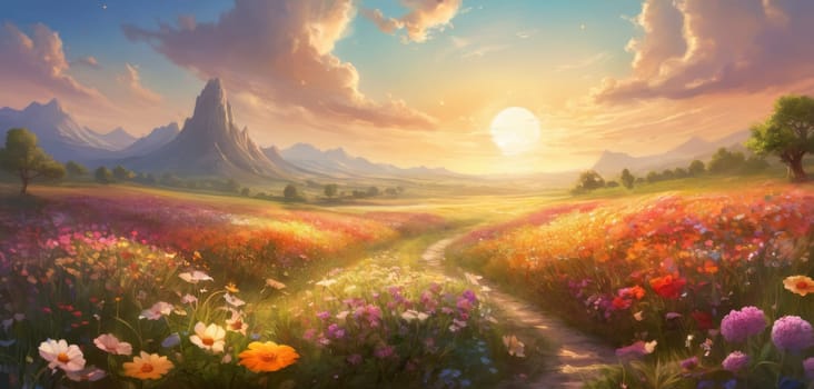 A breathtaking sunrise illuminating a vibrant meadow teeming with colorful blossoms. The serene landscape exudes warmth and tranquility as light rays dance over the flowers. A picturesque scene capturing nature s awakening